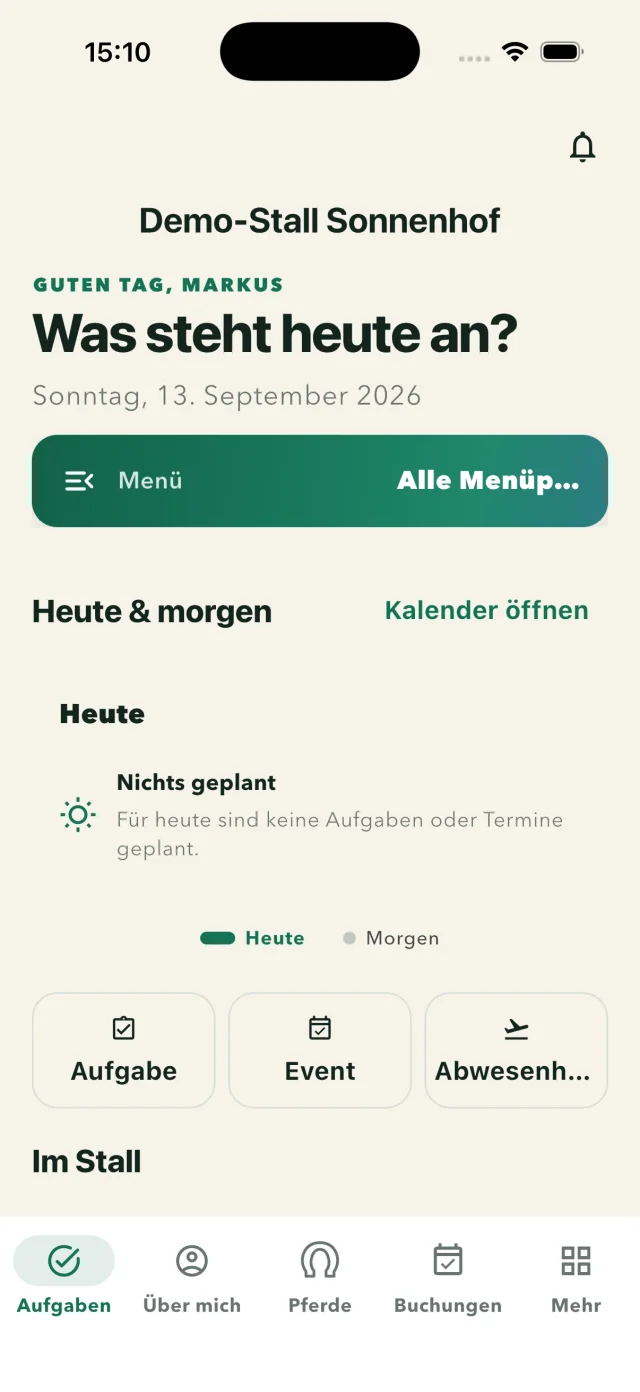 Stall Manager: Daily overview with tasks and appointments