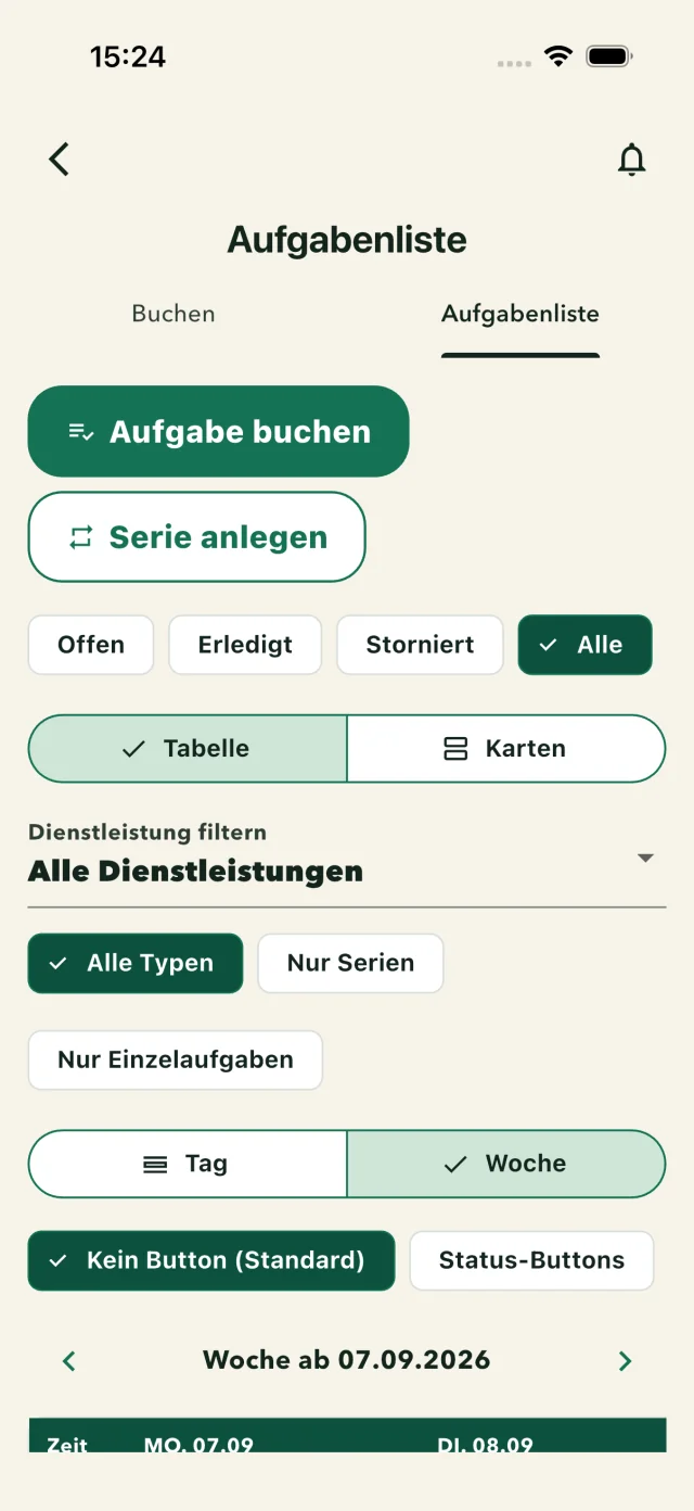 Stall Manager: Task list with status and weekly planning