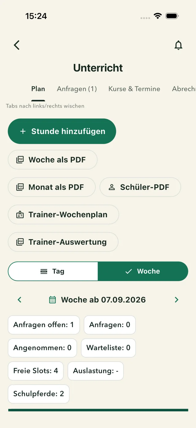 Unterrichtsplanung mit Wochenübersicht, Buchungen und PDF-Auswertungen