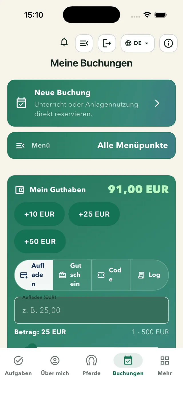 Buchungsbereich mit Guthaben und frei wählbarer Aufladung