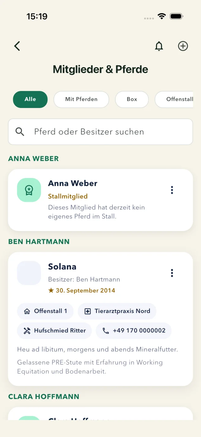 Stall Manager: Management of members and horses