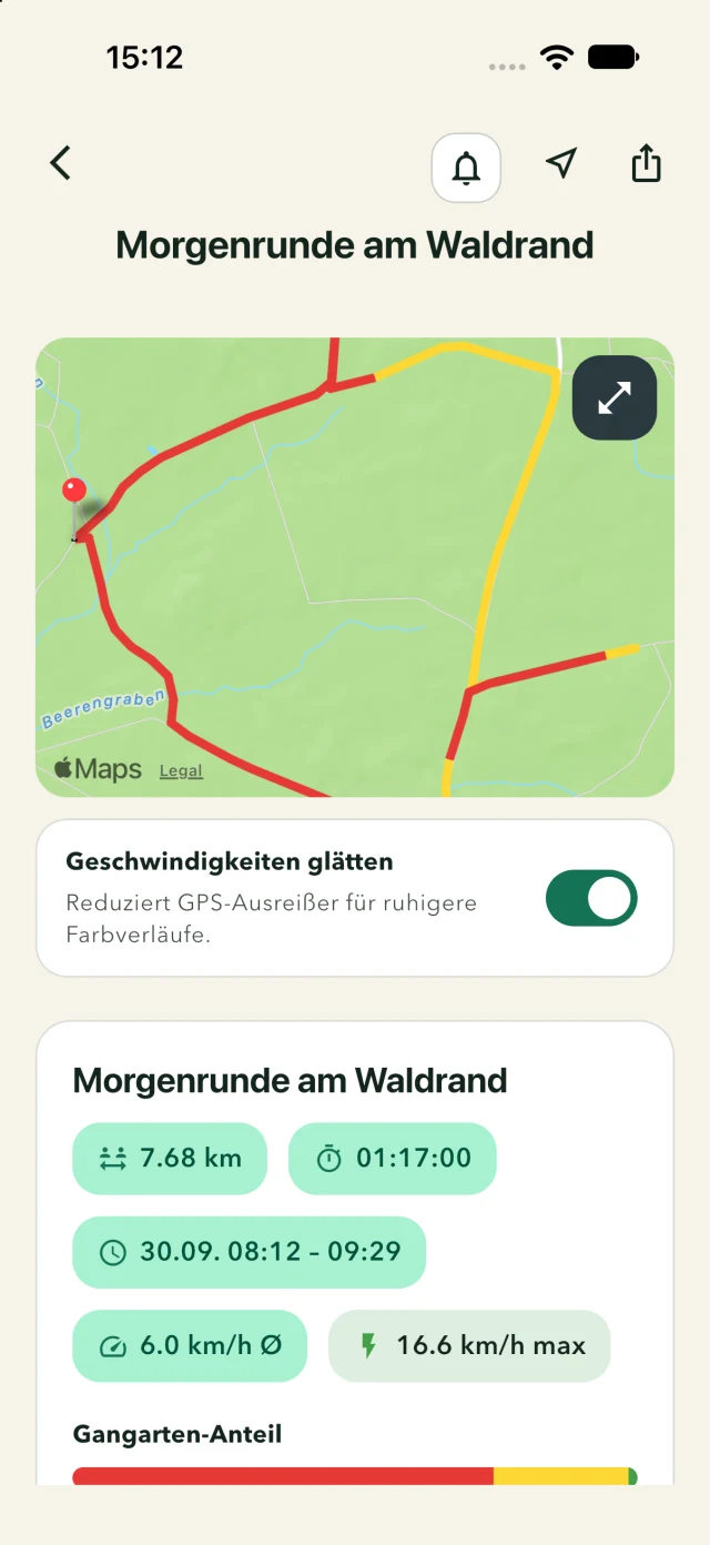 Stall Manager Ausritt-Aufzeichnung mit Waldroute, Strecke, Dauer und Geschwindigkeit auf dem iPhone