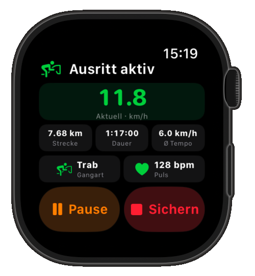 Stall Manager Apple-Watch-Ansicht mit Live-Geschwindigkeit, Strecke, Dauer, Gangart und Puls